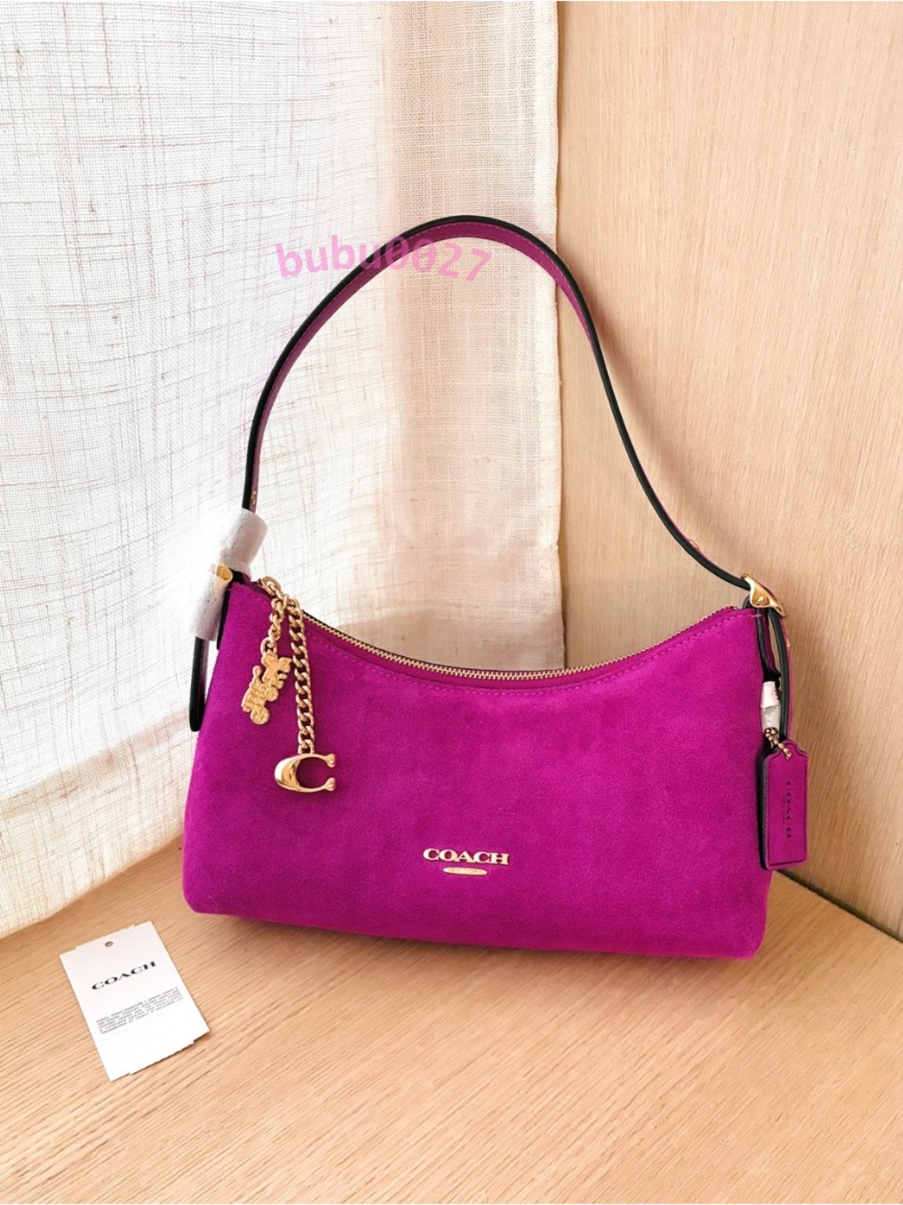 NWT💖Coach Emeilia Suede Shoulder Bag Magenta Bright Pink Carriage Charm CGV47